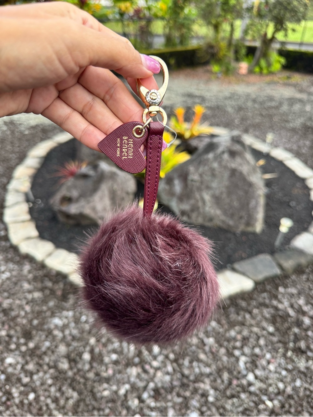 Henri Bendel Burgundy Faux Fur Pom Pom Bag Charm Keychain